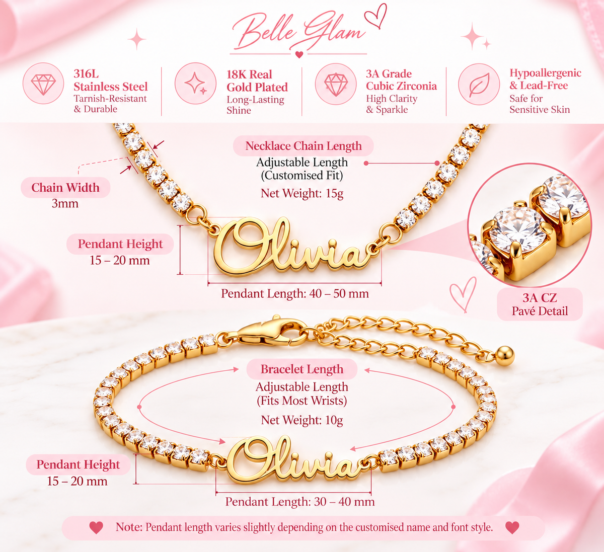 Luxury Personalised 3mm Tennis Necklace & Tennis Bracelet Set